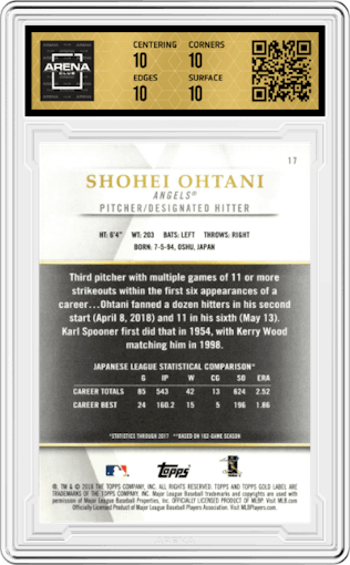 Shohei Ohtani from the 2018 Topps Gold Label set featuring a Class 1 Blue parallel graded by Arena Club and given an overall grade of 10.