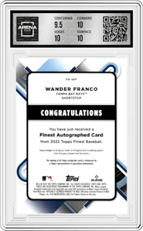 Wander Franco from the 2022 Topps Finest set featuring a Green Wave Refractor parallel graded by Arena Club and given an overall grade of 10.