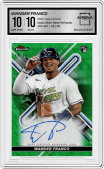 Wander Franco from the 2022 Topps Finest set featuring a Green Wave Refractor parallel graded by Arena Club and given an overall grade of 10.