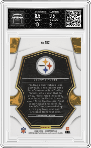  Kenny Pickett from the 2022 Panini Select set graded by Arena Club and given an overall grade of 9.