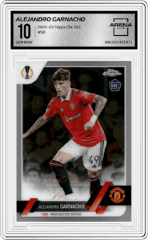 Alejandro Garnacho from the 2022-23 Topps Chrome UEFA Club Competitions set graded by Arena Club and given an overall grade of 10.