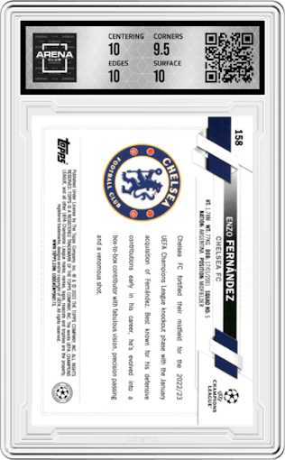 Enzo Fernandez from the 2022-23 Topps Chrome UEFA Club Competitions set graded by Arena Club and given an overall grade of 10.