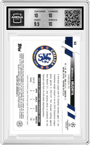 Mykhailo Mudryk from the 2022-23 Topps Chrome UEFA Club Competitions set graded by Arena Club and given an overall grade of 10.