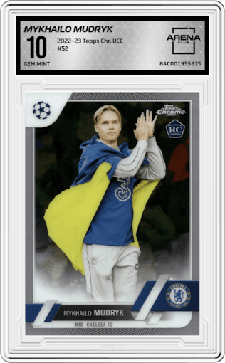Mykhailo Mudryk from the 2022-23 Topps Chrome UEFA Club Competitions set graded by Arena Club and given an overall grade of 10.