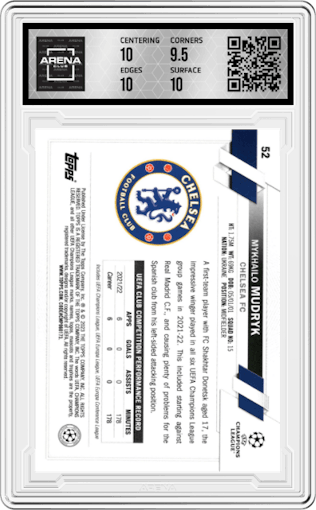 Mykhailo Mudryk from the 2022-23 Topps Chrome UEFA Club Competitions set graded by Arena Club and given an overall grade of 10.