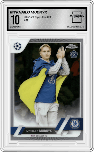 Mykhailo Mudryk from the 2022-23 Topps Chrome UEFA Club Competitions set graded by Arena Club and given an overall grade of 10.