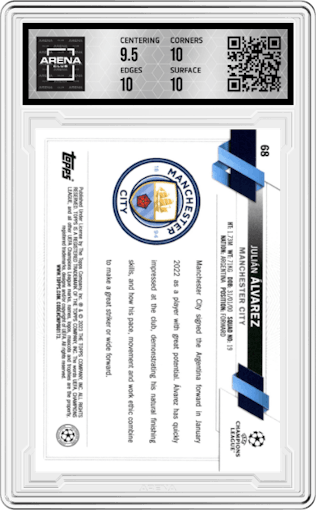 Julian Alvarez from the 2022-23 Topps Chrome UEFA Club Competitions set graded by Arena Club and given an overall grade of 10.
