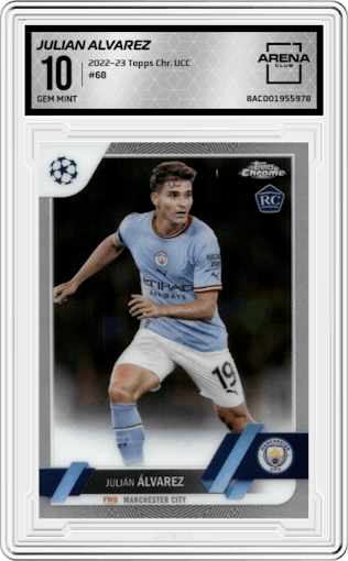 Julian Alvarez from the 2022-23 Topps Chrome UEFA Club Competitions set graded by Arena Club and given an overall grade of 10.