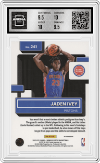 Jaden Ivey from the 2022-23 Panini Donruss Optic  set featuring a Purple parallel graded by Arena Club and given an overall grade of 10.