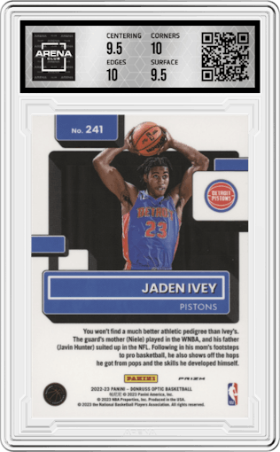 Jaden Ivey from the 2022-23 Panini Donruss Optic  set featuring a Purple parallel graded by Arena Club and given an overall grade of 10.