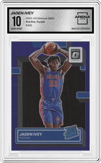 Jaden Ivey from the 2022-23 Panini Donruss Optic  set featuring a Purple parallel graded by Arena Club and given an overall grade of 10.