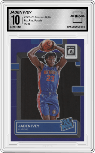 Jaden Ivey from the 2022-23 Panini Donruss Optic  set featuring a Purple parallel graded by Arena Club and given an overall grade of 10.