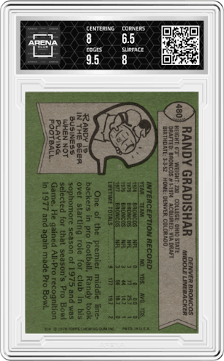 Randy Gradishar from the 1978 Topps set graded by Arena Club and given an overall grade of 7.