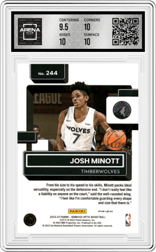 Josh Minott from the 2022-23 Panini Donruss Optic  set featuring a Pink Velocity parallel graded by Arena Club and given an overall grade of 10.