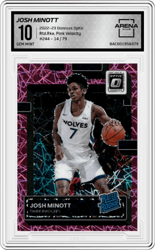 Josh Minott from the 2022-23 Panini Donruss Optic  set featuring a Pink Velocity parallel graded by Arena Club and given an overall grade of 10.