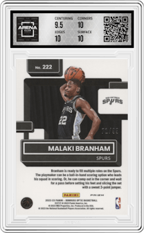Malaki Branham from the 2022-23 Panini Donruss Optic  set featuring a Red parallel graded by Arena Club and given an overall grade of 10.