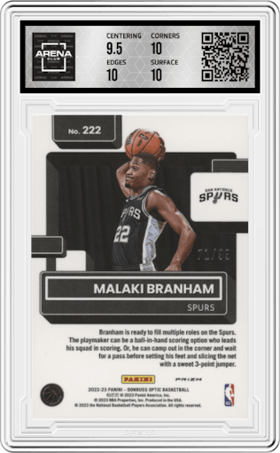 Malaki Branham from the 2022-23 Panini Donruss Optic  set featuring a Red parallel graded by Arena Club and given an overall grade of 10.