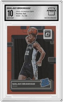 Malaki Branham from the 2022-23 Panini Donruss Optic  set featuring a Red parallel graded by Arena Club and given an overall grade of 10.
