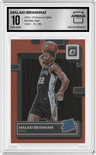 Malaki Branham from the 2022-23 Panini Donruss Optic  set featuring a Red parallel graded by Arena Club and given an overall grade of 10.