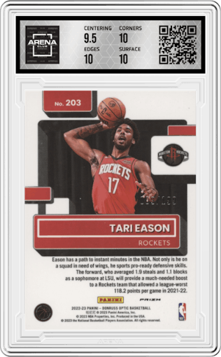 Tari Eason from the 2022-23 Panini Donruss Optic  set featuring a Orange parallel graded by Arena Club and given an overall grade of 10.
