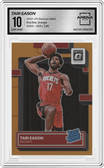 Tari Eason from the 2022-23 Panini Donruss Optic  set featuring a Orange parallel graded by Arena Club and given an overall grade of 10.