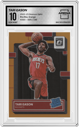 Tari Eason from the 2022-23 Panini Donruss Optic  set featuring a Orange parallel graded by Arena Club and given an overall grade of 10.
