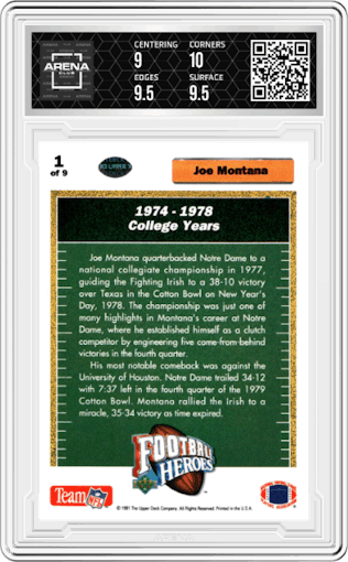 Joe Montana from the 1991 Upper Deck set graded by Arena Club and given an overall grade of 9.5.