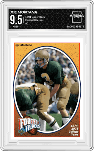 Joe Montana from the 1991 Upper Deck set graded by Arena Club and given an overall grade of 9.5.