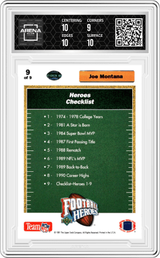 Heroes Checklist from the 1991 Upper Deck set graded by Arena Club and given an overall grade of 9.5.