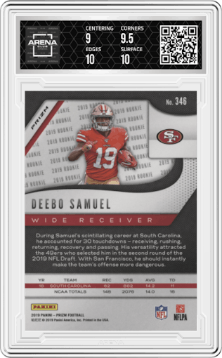 Deebo Samuel from the 2019 Panini Prizm set featuring a Silver Prizm parallel graded by Arena Club and given an overall grade of 9.5.