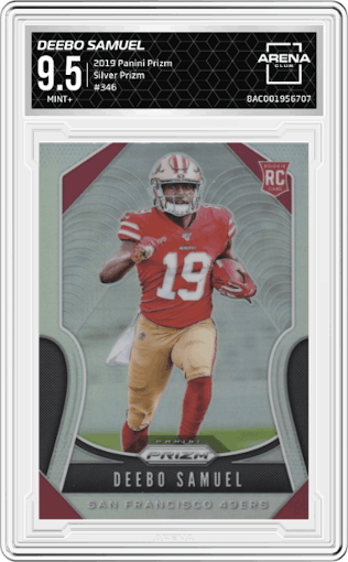 Deebo Samuel from the 2019 Panini Prizm set featuring a Silver Prizm parallel graded by Arena Club and given an overall grade of 9.5.