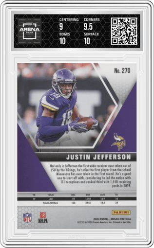 Justin Jefferson from the 2020 Panini Mosaic set graded by Arena Club and given an overall grade of 9.5.