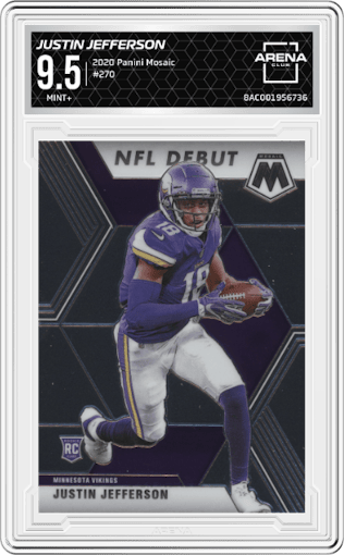 Justin Jefferson from the 2020 Panini Mosaic set graded by Arena Club and given an overall grade of 9.5.