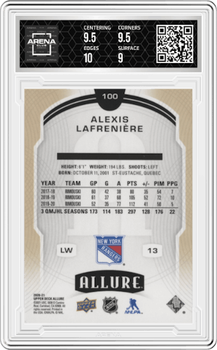 Alexis Lafreniere from the 2020-21 Upper Deck Allure set graded by Arena Club and given an overall grade of 9.5.
