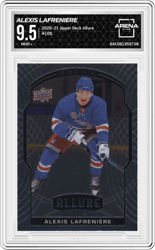 Alexis Lafreniere from the 2020-21 Upper Deck Allure set graded by Arena Club and given an overall grade of 9.5.