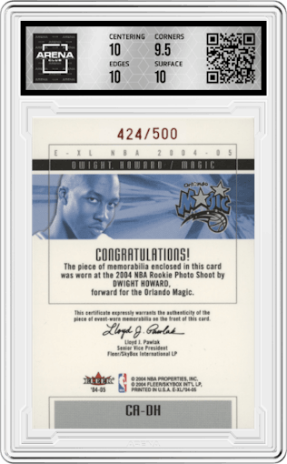 Dwight Howard from the 2004-05 SkyBox E-XL set graded by Arena Club and given an overall grade of 10.