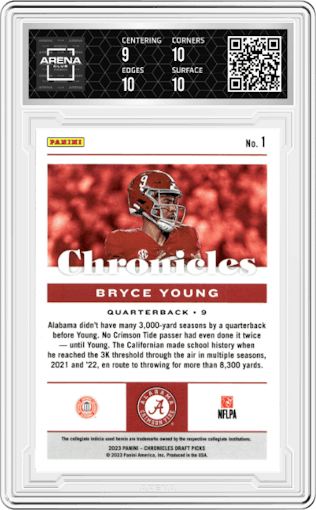 Bryce Young from the 2023 Panini Chronicles Draft Picks set graded by Arena Club and given an overall grade of 9.5.