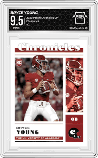Bryce Young from the 2023 Panini Chronicles Draft Picks set graded by Arena Club and given an overall grade of 9.5.