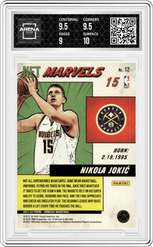 Nikola Jokic from the 2021-22 Panini Donruss set featuring a Press Proof  parallel graded by Arena Club and given an overall grade of 9.5.