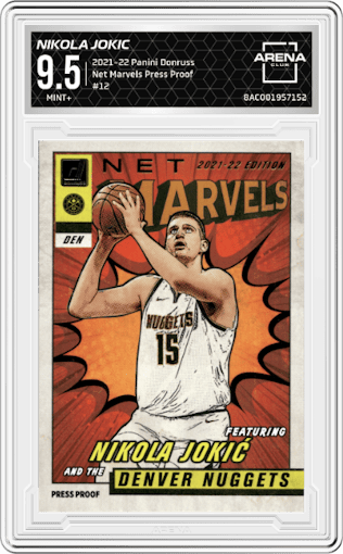 Nikola Jokic from the 2021-22 Panini Donruss set featuring a Press Proof  parallel graded by Arena Club and given an overall grade of 9.5.
