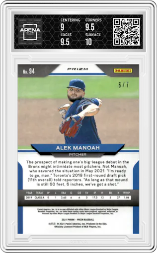 Alek Manoah from the 2021 Panini Prizm set featuring a Red Shimmer parallel graded by Arena Club and given an overall grade of 9.5.