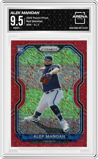 Alek Manoah from the 2021 Panini Prizm set featuring a Red Shimmer parallel graded by Arena Club and given an overall grade of 9.5.