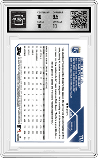 Bobby Witt Jr. from the 2023 Topps Chrome set featuring a Prism Refractor parallel graded by Arena Club and given an overall grade of 10.
