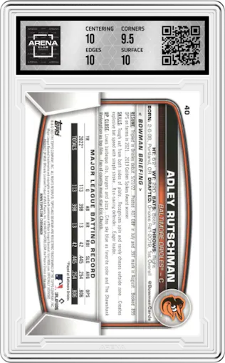 Adley Rutschman from the 2023 Bowman  set graded by Arena Club and given an overall grade of 10.