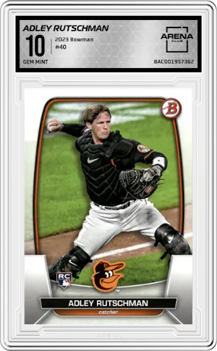 Adley Rutschman from the 2023 Bowman  set graded by Arena Club and given an overall grade of 10.