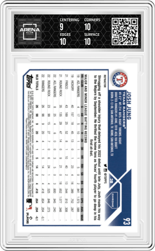 Josh Jung from the 2023 Topps Chrome set featuring a Refractor parallel graded by Arena Club and given an overall grade of 9.5.
