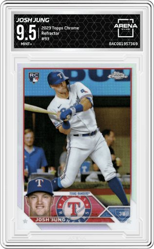 Josh Jung from the 2023 Topps Chrome set featuring a Refractor parallel graded by Arena Club and given an overall grade of 9.5.