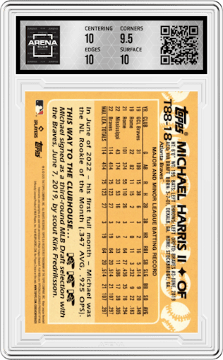 Michael Harris II from the 2023 Topps set graded by Arena Club and given an overall grade of 10.
