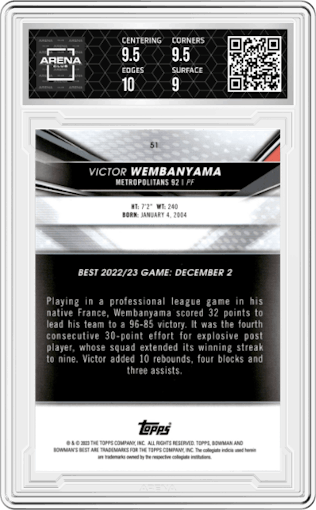 Victor Wembanyama from the 2022-23 Bowman University Best set graded by Arena Club and given an overall grade of 9.5.