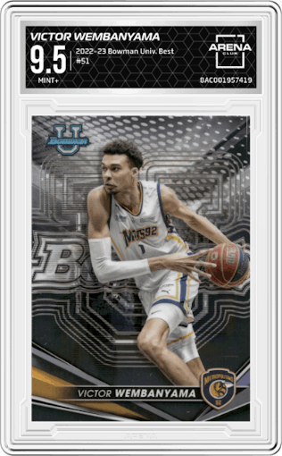 Victor Wembanyama from the 2022-23 Bowman University Best set graded by Arena Club and given an overall grade of 9.5.